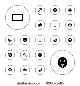 Editable vector yellow icons: banana, lemon, butterfly, emoji showing tongue, hoe, burst, sun, hummer, kiss emot, sweating emot, emoji on white background.
