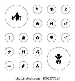 Editable vector young icons: plant, baby, baby bottle, tights, man in home, couple, newborn child, couple with newborn, old woman and child on white background.