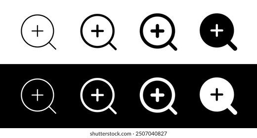 Editable vector zoom in icon. Black, line style, transparent white background. Part of a big icon set family. Perfect for web and app interfaces, presentations, infographics, etc