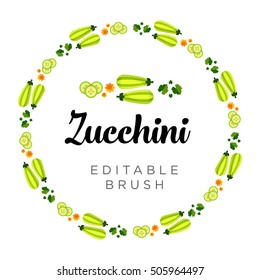 Editable vector zucchini roundish frame, harvest concept, editable brush, zucchini leaves and zucchini flowers