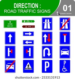 Editable vectors - Direction: Road Road Traffic Signs Vector Icons - Adjust stroke weight - Expand to any size - Change to any colour