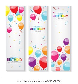 Editable vertical happy birthday banner with balloon and confetti decoration set. x banner vector design.