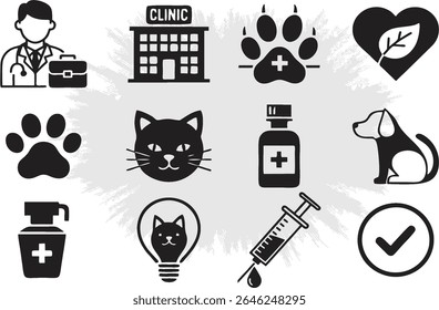 Editable Vet set or collection of icons doctor, dog, cat, veterinary doctor, hospital, treatment, vaccine. White background. EPS 10