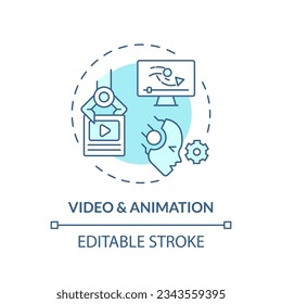Bearbeitbares Video- und Animationssymbol-Konzept, einzelne Vektorgrafik, AI für SEO Blue Thin Line Illustration.