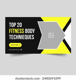 Editable video thumbnail banner design, body fitness techniques, exercise training banner design, vector eps 10 file format