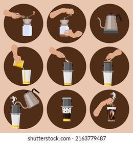 Editable Vietnamese Coffee Drip Brewing Instruction Vector Illustration Icons Set for Cafe with Vietnam History and Culture Tradition Related Design