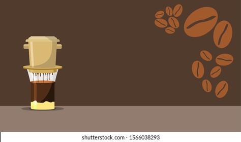 Editable Vietnamese Drip Coffee Brewing Vector Illustration and Roasted Beans for Text Background Template of Cafe With Vietnamese Culture and Tradition Related Design