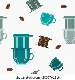 Editable Vietnamese Drip Coffee With Ceramic Mug and Roasted Beans Vector Illustration as Seamless Pattern for Creating Background of Cafe With Vietnamese Culture and Tradition Related Design