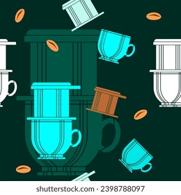 Café de goteo vietnamita editable con jarra de cerámica y vector de habas tostadas Ilustración como patrón sin costura con fondo oscuro para café con cultura vietnamita y diseño relacionado con la tradición