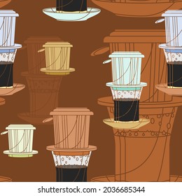 Editable Vietnamese Drip Coffee With Condensed Milk and Saucer Vector Illustration as Seamless Pattern for Creating Background of Cafe With Vietnamese Culture and Tradition Related Design