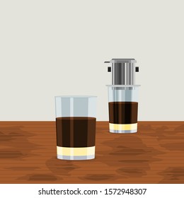 Editable Vietnamese Drip Coffee With Two Glass Mugs on Wooden Table Vector Illustration for Artwork Element of Cafe With Vietnamese Culture and Tradition Related Design