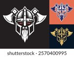 Editable Viking Warrior Helmet Emblem - Nordic Mythology Logo Design