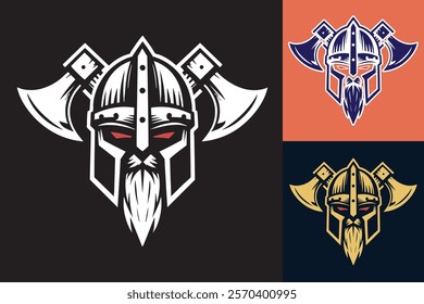 Editable Viking Warrior Helmet Emblem - Nordic Mythology Logo Design