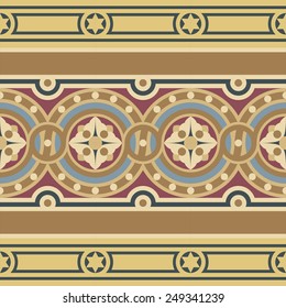 Editable vintage mosaic tile border set in ocher, brown, black, red, blue colors. Consists of one wide ribbon with flower in circles and two narrow ribbons with stars and stripes.