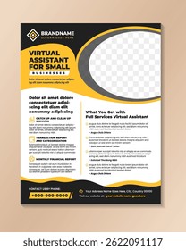 Assistente virtual editável para pequenas empresas modelo de design de panfleto, Uma página VA brochura com espaço para foto. fundo branco combinado com formas de cor preto e amarelo do elemento.