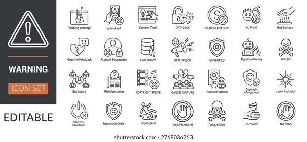 Editable warning icon set featuring cybersecurity threats, digital risks, and safety hazards in a clean outline style. Includes symbols for phishing, scams, data breaches, hacking, misinformation, copyright issues, and physical hazards like toxic materials and hot surfaces, web and mobile apps, presentations, infographics, and security-related content.
