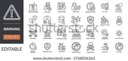 Editable warning icon set featuring cybersecurity threats, digital risks, and safety hazards in a clean outline style. Includes symbols for phishing, scams, data breaches, hacking, misinformation, copyright issues, and physical hazards like toxic materials and hot surfaces, web and mobile apps, presentations, infographics, and security-related content.