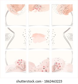 Editable watercolor square post templates for social media. Set of trendy abstract minimal pink color background. Suitable for social networks posts, web banners, wedding cards. Puzzle feed berries