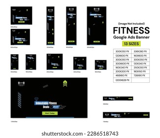 Editable Web Ads Banner Set Design For Gym And Fitness With Abstract Shapes With Effects And Dark Theme.