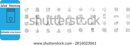 Editable web hosting line icons set showcasing security tools and services for digital marketing and app design
