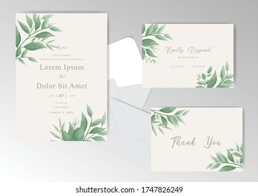 Plantilla de juego de tarjetas de invitación para boda editable con Elegante Foliage