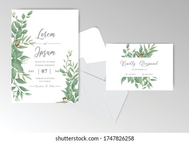 Plantilla de juego de tarjetas de invitación para boda editable con Elegante Foliage