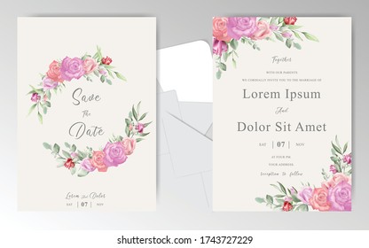 Plantilla editable de la tarjeta de invitación a boda con hermosa floral acuarela