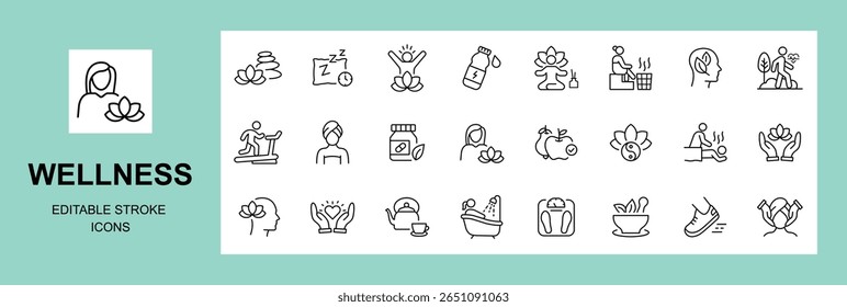 Editable wellness line icons set featuring yoga, meditation, spa, fitness, healthy lifestyle and self care symbols. Perfect for health apps, branding, websites, and infographic design projects.