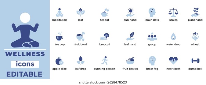Editable wellness vector icons ideal for health, spa, and lifestyle apps with clean lines, modern style, and calming design

