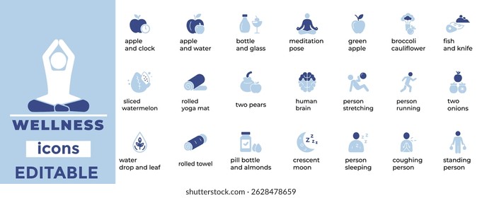 Editable wellness vector icons ideal for health, spa, and lifestyle apps with clean lines, modern style, and calming design

