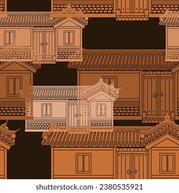 Editable Wide Traditional Hanok Korean House Building Vector Illustration as Seamless Pattern With Dark Background for Decorative Element of Oriental History and Culture Related Design
