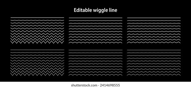 Editable wiggle lines. Set of wavy curves and zigzag intersecting horizontal strokes. Transition from a straight line to a wavy one. Geometric design elements for your projects. Vector illustration.