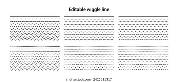 Editable wiggle lines. Set of wavy curves and zigzag intersecting horizontal strokes. Transition from a straight line to a wavy one. Geometric design elements for your projects. Vector illustration.