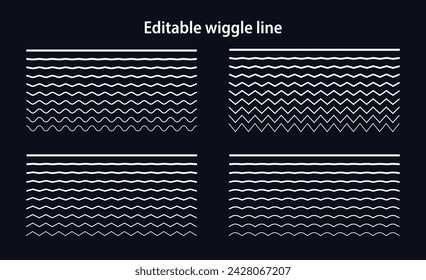 Editable wiggle lines. Set of wavy curves and zigzag intersecting horizontal strokes. Transition from a straight line to a wavy one. Geometric design elements for your projects. Vector illustration.