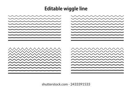 Editable wiggle lines. Set of wavy curves and zigzag intersecting horizontal strokes. Transition from a straight line to a wavy one. Geometric design elements for your projects. Vector illustration.