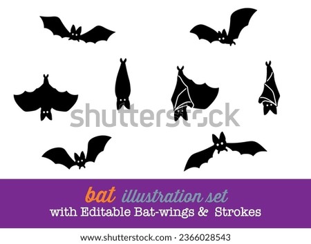 Editable wings and strokes. Spooky cute and fun halloween not black bat with eyes, flying ,hanging upside down, spreading and folding wings vector illustration cartoon icon set for background.