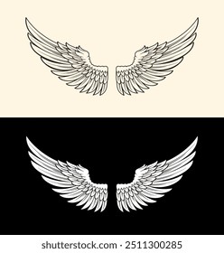 editable wings vector, wings angle, black and white, hawk eagle wings, bird wing, feather. Illustration silhouette art of angel wings set for t-shirt elements, coloring page vector