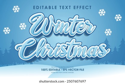 Efecto de texto de Navidades de invierno editable con fondo de pino cubierto de nieve, perfecto para diseños de temas de Navidades