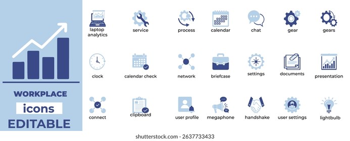 Editable workplace icon set in clean vector style. Ideal for office, business, HR, remote work, and professional designs.