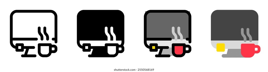 Espaço de trabalho editável, área de trabalho, computador, ícone do vetor de café. Trabalho à distância, profissão, freelance. Parte de uma grande família de conjuntos de ícones. Perfeito para interfaces web e app, apresentações, infográficos, etc