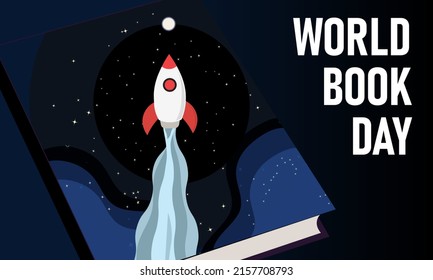 Editable bienvenida de carteles del Día Mundial del Libro , creativa cubierta de libro colorida de cohete en el espacio y estrellas con fondo oscuro. Pancarta horizontal. Ilustración vectorial.