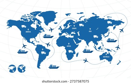 Editable world map vector with cargo ships, airplanes and trucks connected by routes. Ideal for logistics, freight and supply chain presentations.