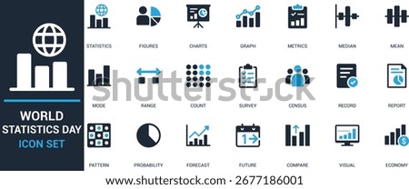 Editable World Statistics Day icon set with vector symbols of charts, graphs, metrics, survey, census, report, probability, forecast, economy, data analysis, and visualization.