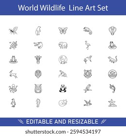 Editable World Wildlife Line Art Set Animals, Insects, Icons