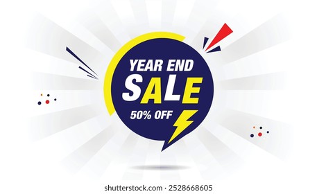 Editável venda final de ano 50% OFF modelo de banner com amarelo claro e azul escuro gradiente, fundo branco e formas modernas perfeito para promover descontos de férias e ofertas especiais