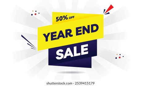 Editable Year End Sale 50% Off Banner Template with light yellow and dark blue gradient, white background, and bold red shapes perfect for seasonal promotions, discounts, and holiday marketing