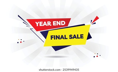 Design editável de modelo de banner de venda final de final de ano com gradiente amarelo claro e azul escuro, fundo branco e detalhes em vermelho arrojado perfeito para promover descontos por tempo limitado e vendas de férias