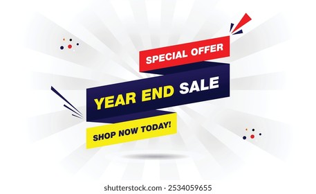 Editable year-end sale banner template with light yellow and dark blue gradient, white background, and red shapes, perfect for promoting today's special offer and shop now deals