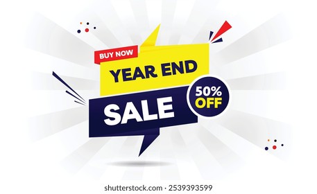 Editable year-end sale banner template with 'Buy Now 50% Off' text, featuring a light yellow to dark blue gradient, white background, and red accents perfect for seasonal promotions and sales events