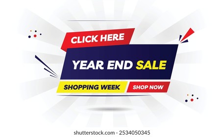 Editable year-end sale shopping week banner template with 'shop now, click here' text, featuring a light yellow and dark blue gradient, white background, and red shapes – perfect for promotions and on